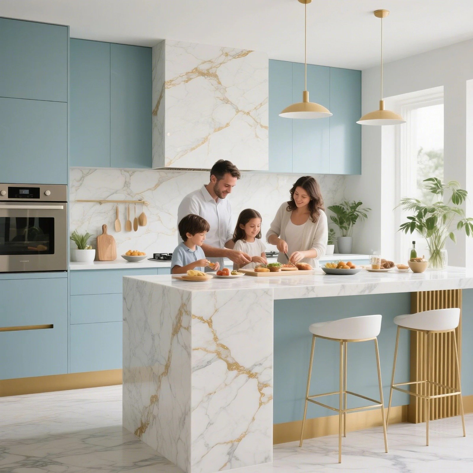 reforma integral cocina familiar madrid marmol dorado azul