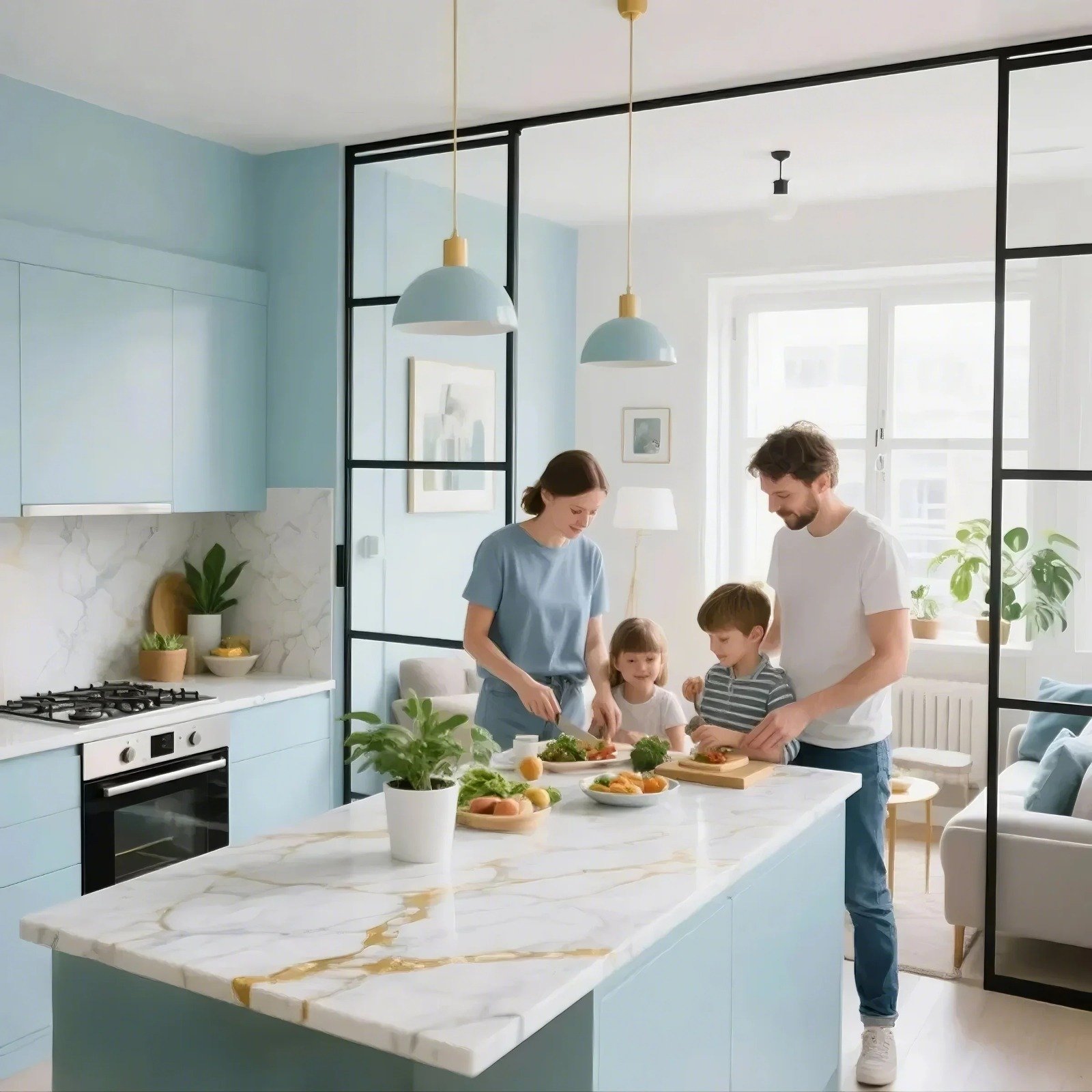 Diseño cocina azul isla marmol blanco